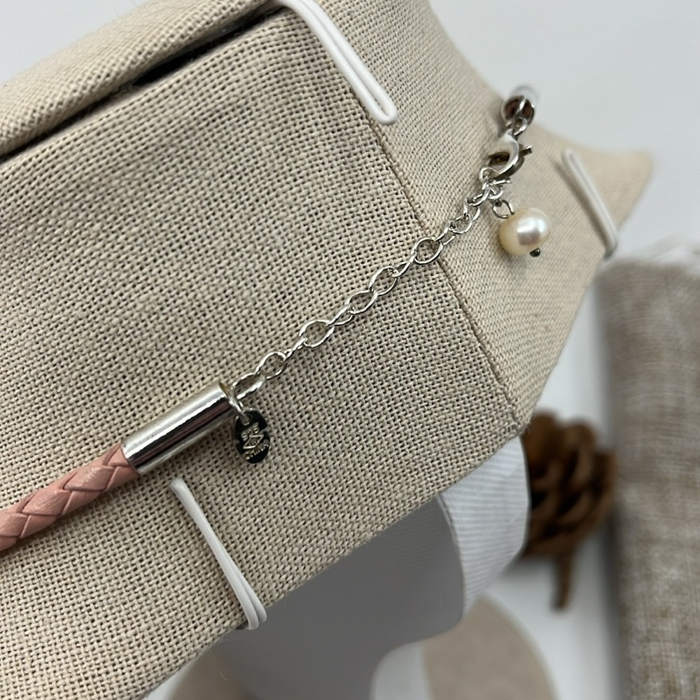Vintage Pearl & Sterling Silver Pink Genuine Leather Necklace 16" Adjustable - Picture 5 of 11